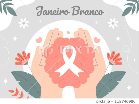 Janeiro Branco Translation of a White January Mental Health Awareness Month Vector Illustration with a Symbol the Brain and Flowers in Flat Background 118740986