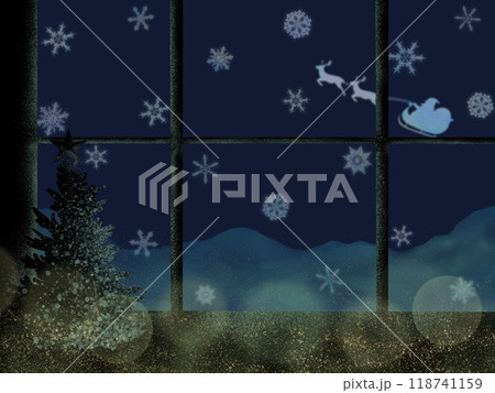 空を駆けていくサンタクロースのそりを窓から眺めたイラスト。雪降るクリスマスの夜の幻想的な景色。 空を駆けていくサンタクロースのそりを窓から眺めたイラスト。雪降るクリスマスの夜の幻想的な景色。 118741159