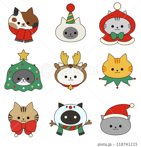 クリスマスの猫の顔のアイコンセット_輪郭あり 118741215