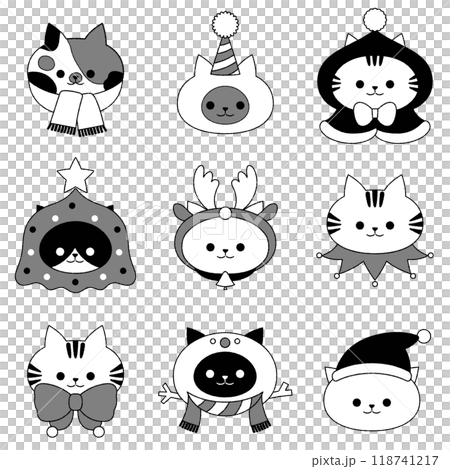 Monochrome Christmas cat face icon set with outline 118741217
