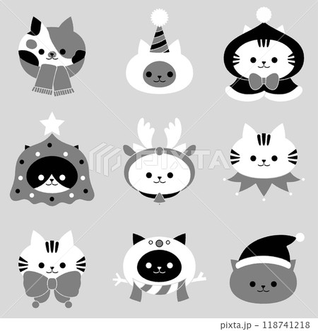 モノクロのクリスマスの猫の顔のアイコンセット_輪郭なし 118741218