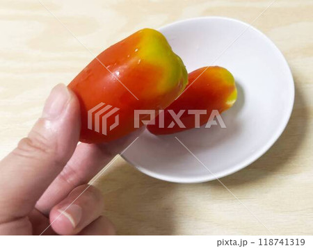 ミニトマト(サンマルツァーノトマト)を食べる手 ミニトマト(サンマルツァーノトマト)を食べる手 118741319