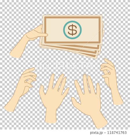Color illustration of a hand showing off a dollar bill and other hands surrounding it 118741763