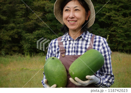 冬瓜を収穫する中年女性 118742023