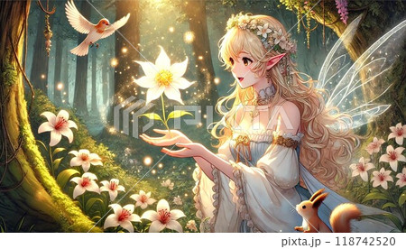 魔法の花と共に輝くエルフの幻想的な森の風景 118742520