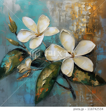 This artwork features a captivating abstract depiction of plumeria flowers with gold foil accents 118742534
