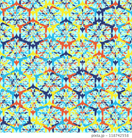 Colorful seamless pattern with hand drawn abstract shapes. Trendy vector background. Fresh modern geo print 118742558