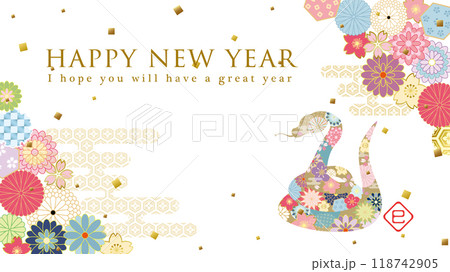 2025年巳年　和風花柄のヘビの年賀背景（フルHD 16:9サイズ） 118742905