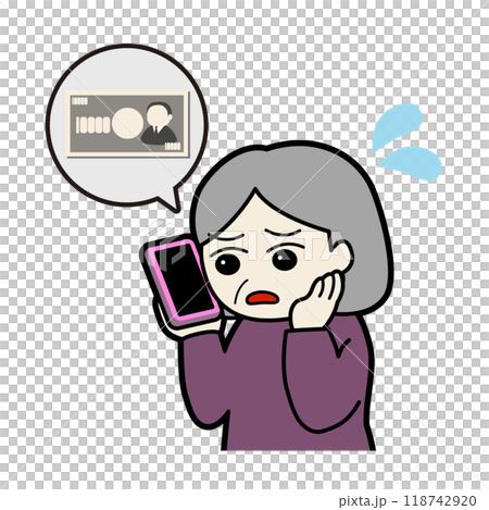 Illustration of an anxious senior woman talking about money on her smartphone 118742920