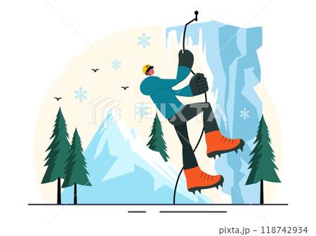 Ice Climbing Vector Illustration featuring a Climber Scaling an Ice Wall using Axes and Wearing Crampons with a Scenic Mountain backdrop Background Ice Climbing Vector Illustration featuring a Climber Scaling an Ice Wall using Axes and Wearing Crampons with a Scenic Mountain backdrop Background 118742934