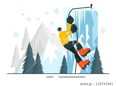 Ice Climbing Vector Illustration featuring a Climber Scaling an Ice Wall using Axes and Wearing Crampons with a Scenic Mountain backdrop Background Ice Climbing Vector Illustration featuring a Climber Scaling an Ice Wall using Axes and Wearing Crampons with a Scenic Mountain backdrop Background 118742941