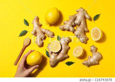 Seasoning and spices concept - ginger, homemade seasoning Seasoning and spices concept - ginger, homemade seasoning 118743078