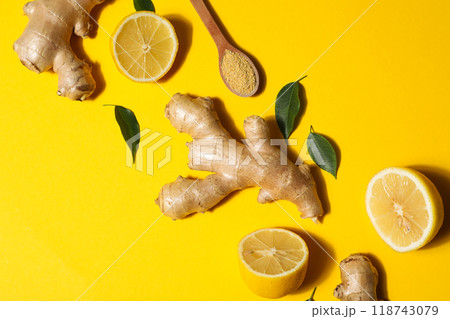 Seasoning and spices concept - ginger, homemade seasoning 118743079