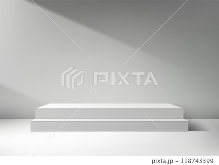 Minimalist White Two Tiered Podium Against a Gray Wall in Sunlight, Modern Product Display Mockup for Showroom or Showcase 118743399