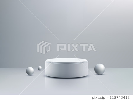 Minimalist 3D White Podium with Spheres on Neutral Gray Background for Product Display and Mockups 118743412