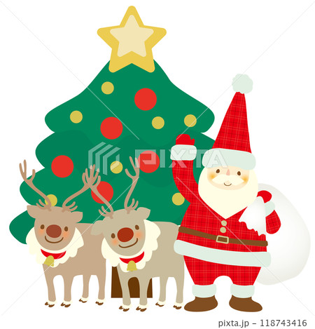 クリスマスツリーの前で微笑むサンタクロースとトナカイのベクターイラスト 118743416
