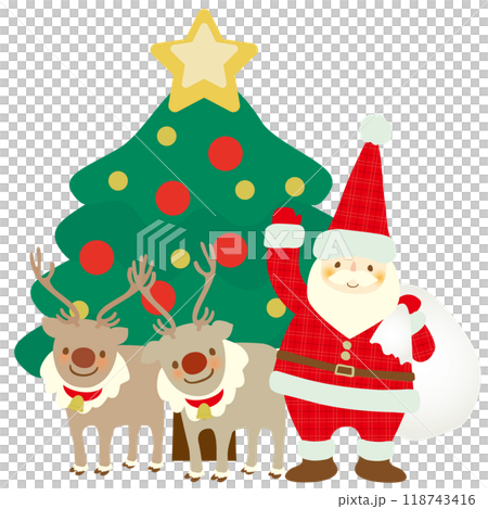 クリスマスツリーの前で微笑むサンタクロースとトナカイのベクターイラスト 118743416