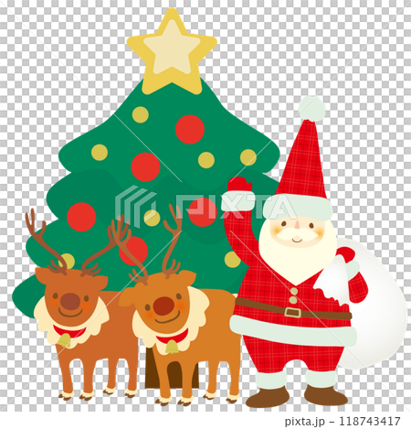 Vector illustration of Santa Claus and reindeer smiling in front of a Christmas tree 118743417