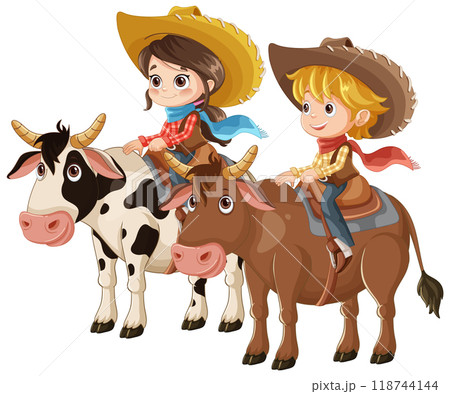 Children Riding Cows in Cowboy Hats Children Riding Cows in Cowboy Hats 118744144