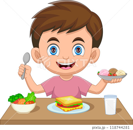 little boy eat ice cream at lunch little boy eat ice cream at lunch 118744281