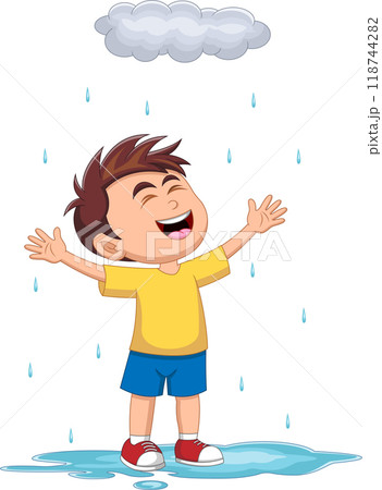 cute little boy playing in the rain cartoon 118744282