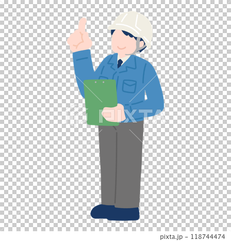 クリップボードを持ち上を指さすヘルメットをかぶりスーツに作業服を着た男性のフラットなイラスト クリップボードを持ち上を指さすヘルメットをかぶりスーツに作業服を着た男性のフラットなイラスト 118744474