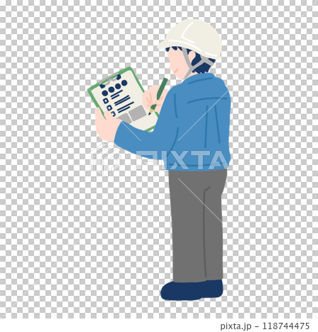 A flat illustration of a man (from behind) wearing a helmet, suit and work clothes standing and checking 118744475