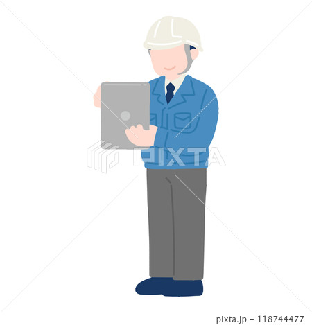 手に持ったタブレットを見ているヘルメットをかぶりスーツに作業服を着た男性のフラットなイラスト 手に持ったタブレットを見ているヘルメットをかぶりスーツに作業服を着た男性のフラットなイラスト 118744477