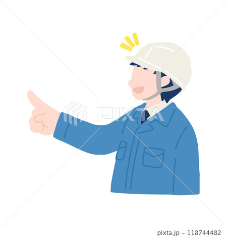 横を向いて指をさすヘルメットをかぶりスーツに作業服を着た男性のフラットなイラスト 118744482
