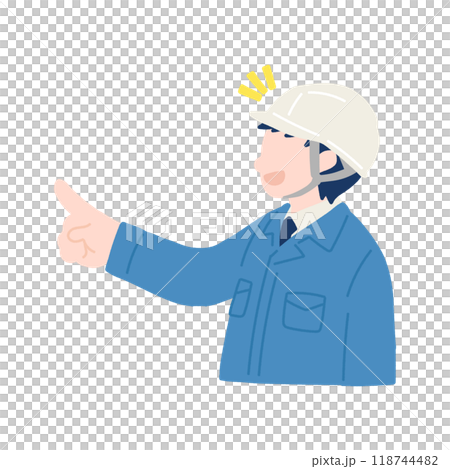横を向いて指をさすヘルメットをかぶりスーツに作業服を着た男性のフラットなイラスト 118744482