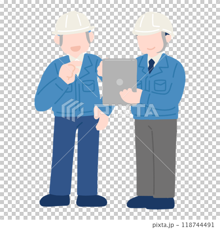 A flat illustration of two men wearing helmets and work clothes talking while looking at a tablet A flat illustration of two men wearing helmets and work clothes talking while looking at a tablet 118744491