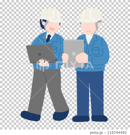 A flat illustration of two men wearing helmets and work clothes in suits talking while looking at a tablet and a laptop 118744492
