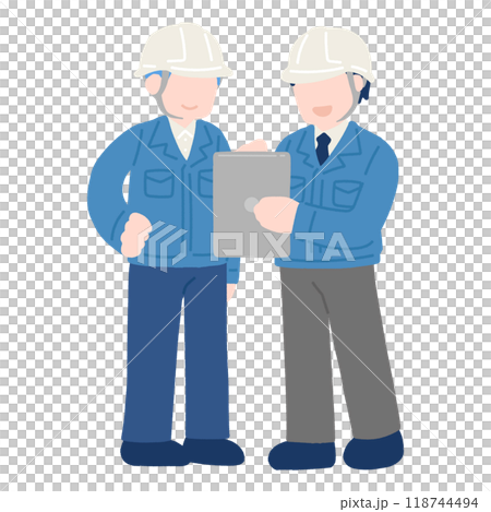 A flat illustration of two men wearing helmets and work clothes talking while looking at a tablet A flat illustration of two men wearing helmets and work clothes talking while looking at a tablet 118744494