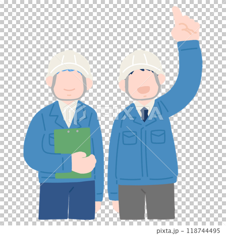 A flat illustration of two men wearing helmets and work clothes, pointing up at the top 118744495