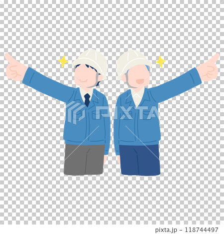 A flat illustration of two men wearing helmets and work clothes in suits pointing diagonally upwards in different directions 118744497