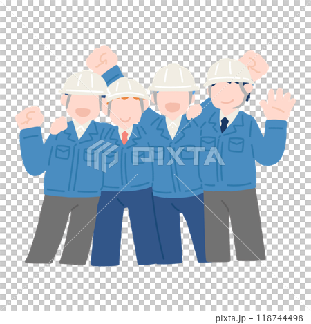 A flat illustration of four men wearing helmets, suits and work clothes happily putting their arms around each other's shoulders 118744498