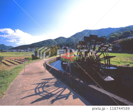 新野の水車群 と田園風景/ 新野水車の郷 (にいのすいしゃのさと）/  収穫の季節、稲穂、ヒガンバナ 118744589