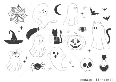 Set Halloween ghost with witch hat, skull, cute doodle characters and elements cute spooky decoration, line. Bat, stars, moon. Animal with black tail.  118744611