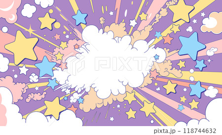 コミックアート風の星や雲、ふきだしが爆発するポップで可愛いフレーム。コピースペース。紫色の背景 コミックアート風の星や雲、ふきだしが爆発するポップで可愛いフレーム。コピースペース。紫色の背景 118744632