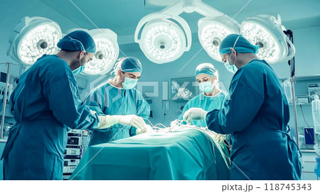 Doctor team performing operating on patient in operating room of surgical department at hospital. 118745343