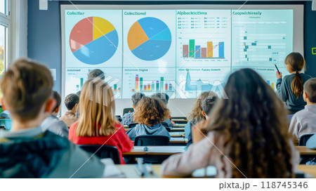 Student learning static with graph from screen presentation in classroom education. 118745346