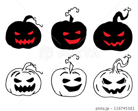 Set of pumpkins with red eyes. Black outline silhouette for Halloween. Hand drawn graphic clipart. Linear silhouette with vegetable for creepy holiday decor and design. Simple Doodle style Set of pumpkins with red eyes. Black outline silhouette for Halloween. Hand drawn graphic clipart. Linear silhouette with vegetable for creepy holiday decor and design. Simple Doodle style 118745381