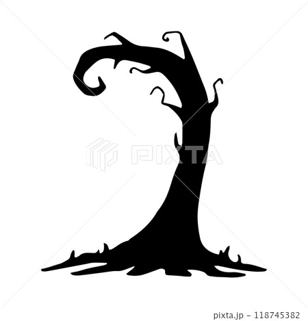 Crooked tree with gnarled roots. Halloween plant silhouette. Graphic illustration. Black outline clipart. Hand drawn isolated drawing. Nature element for creepy decor. Doodle style 118745382