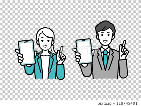 Illustration of male and female business people showing smartphone screens 118745401