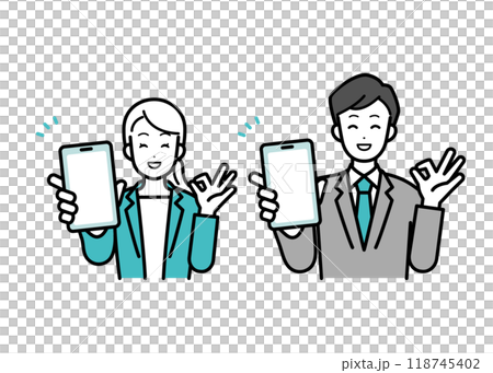 Illustration of male and female business people who are OK with using smartphones Illustration of male and female business people who are OK with using smartphones 118745402