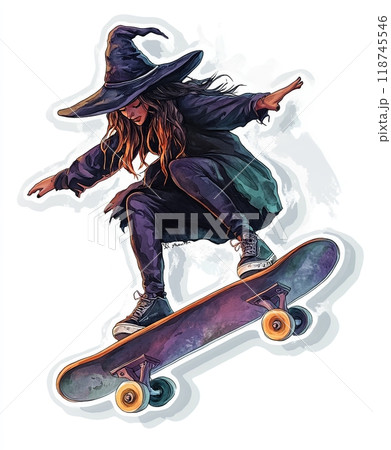 Teenage witch jumping on skateboard - Halloween sticker isolated on white background 118745546