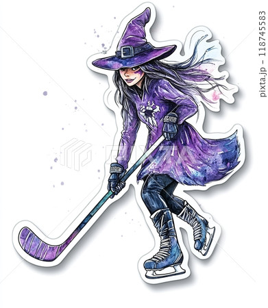 Young witch in hat plays hockey 118745583