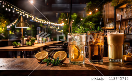 Drinks in the bar. Cocktails on a table in a nightclub. AI Generated. 118745713