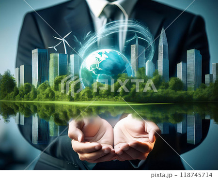 Business hands holding world ecology design. AI Generated. 118745714