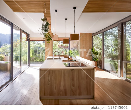 新築の住宅イメージ素材　モダンなキッチン 118745901